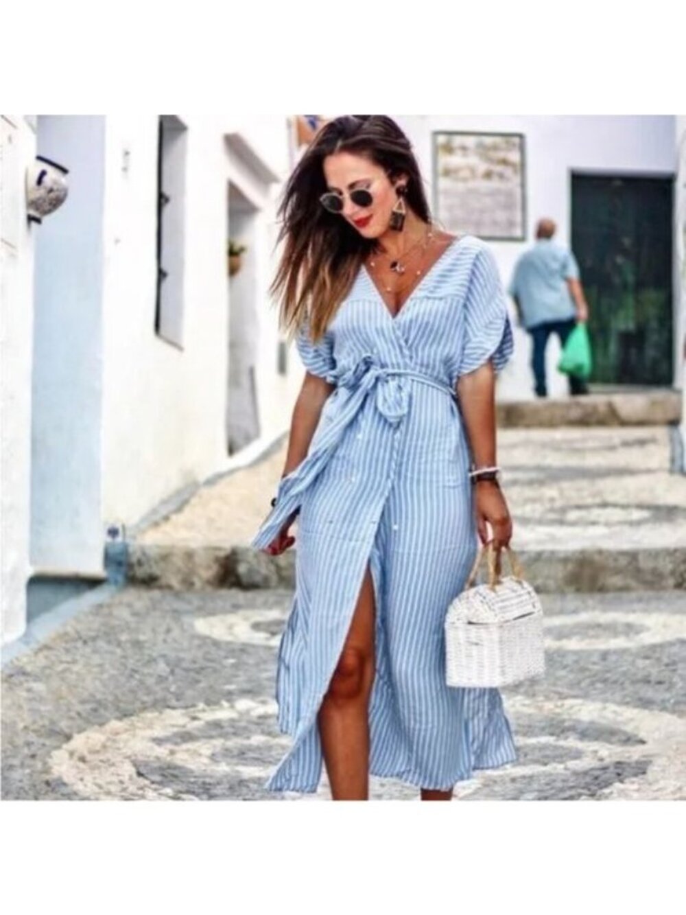 ZARA V NECK SHIRT DRESS STRIPED BLUE AND WHITE  XSMALL